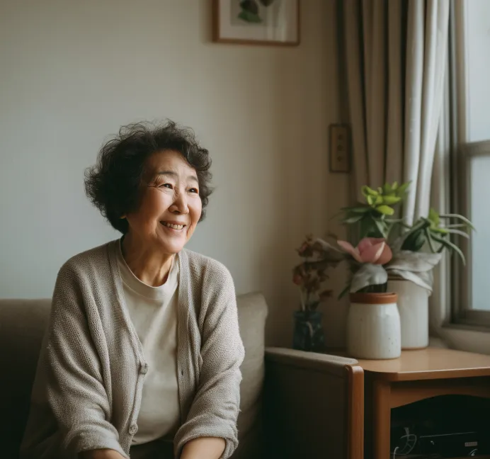 An elderly woman sits on a couch by the window, smiling warmly in a cozy, softly lit room decorated with plants and framed art.