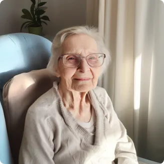 An elderly woman with white hair and glasses sits comfortably in a sunlit room, smiling gently at the camera.